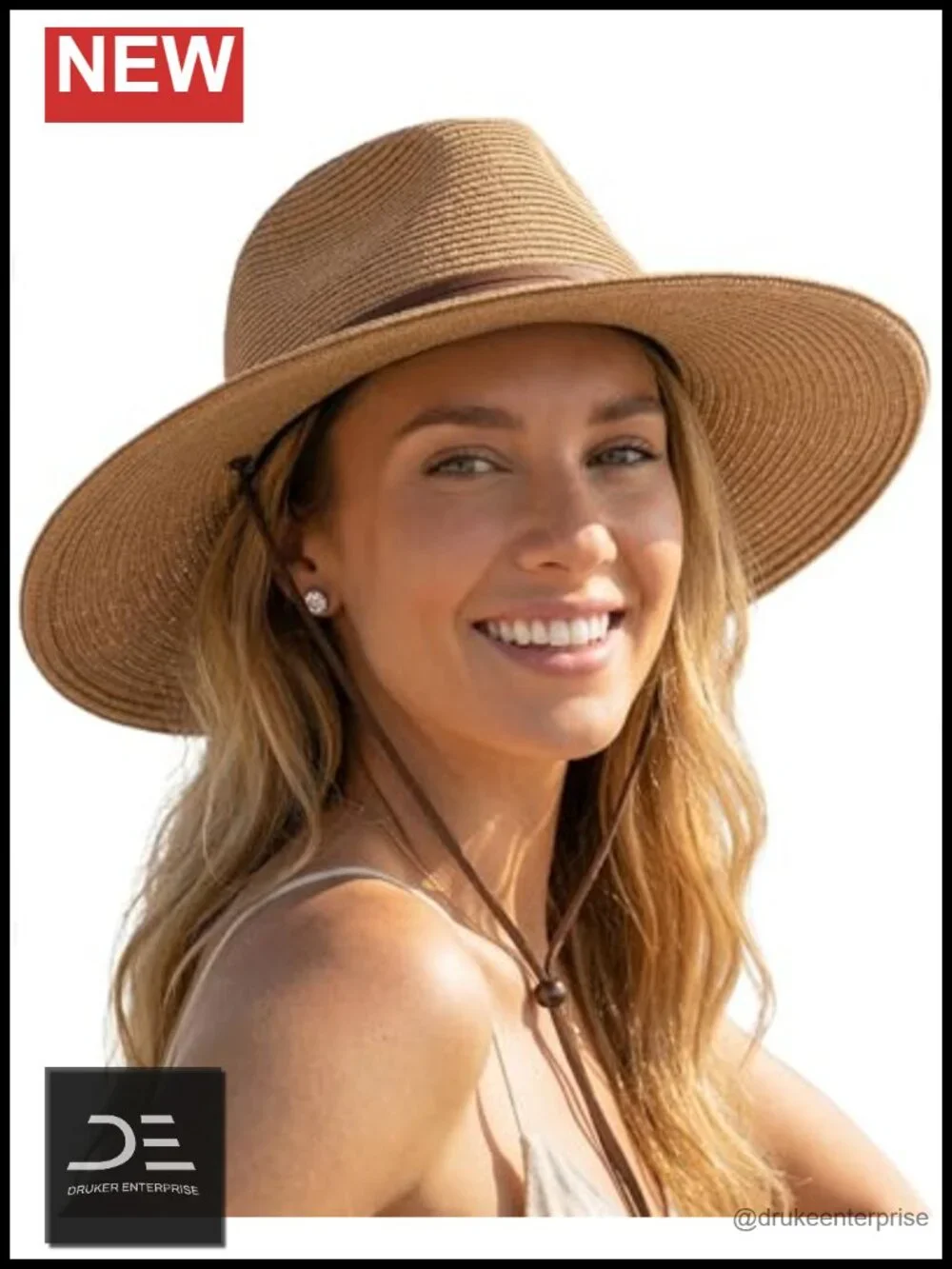 Straw Panama Fedora Sun Hat with Wind Lanyard UPF 50+ Packable